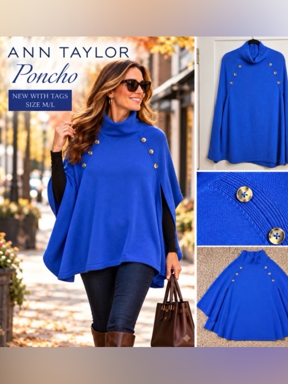 Ann Taylor Cobalt Blue Button-Shoulder Poncho Sweater | Size M/L | NWT